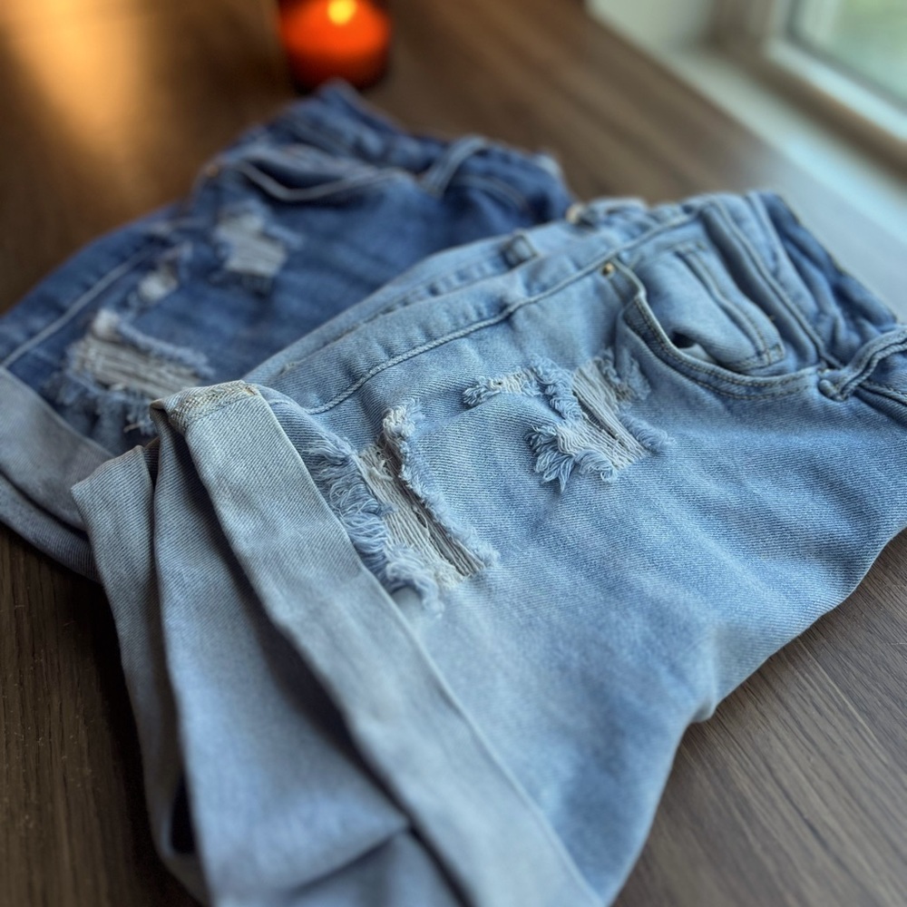 Two piece ripped jeans shorts dark blue and light blue